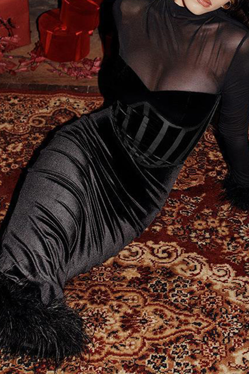 Mesh Feather Hemline Velvet O Neck Wrapped Skirt Dresses