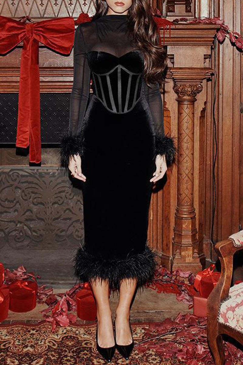 Mesh Feather Hemline Velvet O Neck Wrapped Skirt Dresses