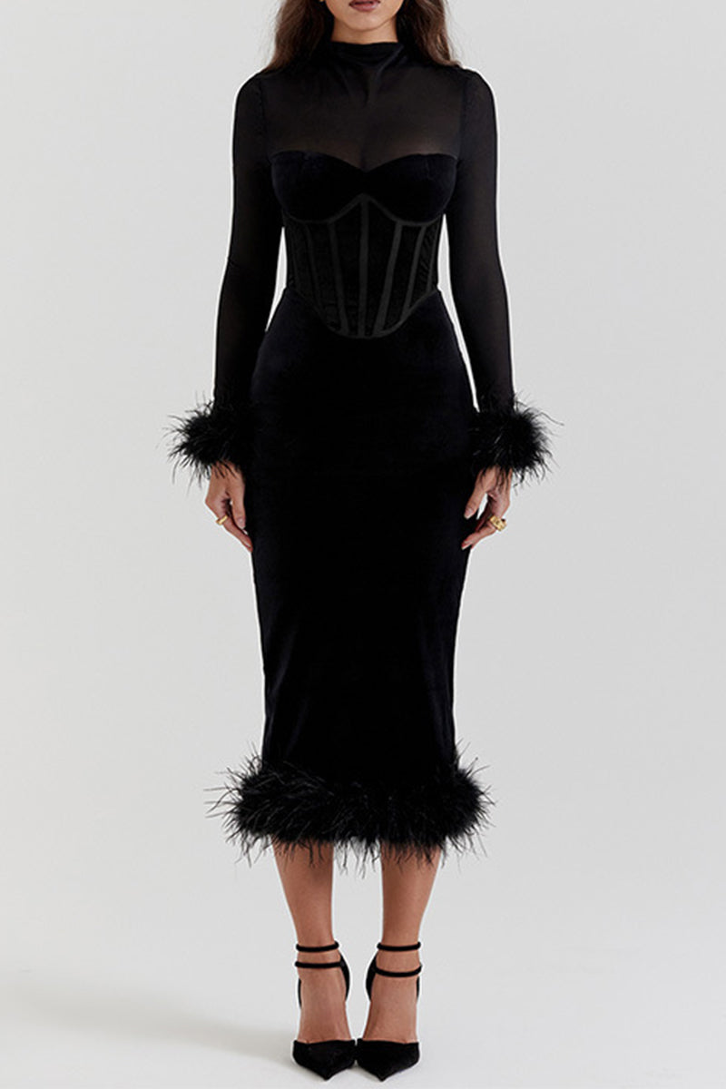 Mesh Feather Hemline Velvet O Neck Wrapped Skirt Dresses