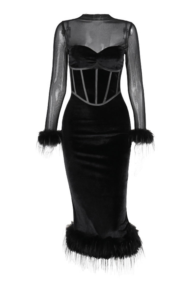 Mesh Feather Hemline Velvet O Neck Wrapped Skirt Dresses