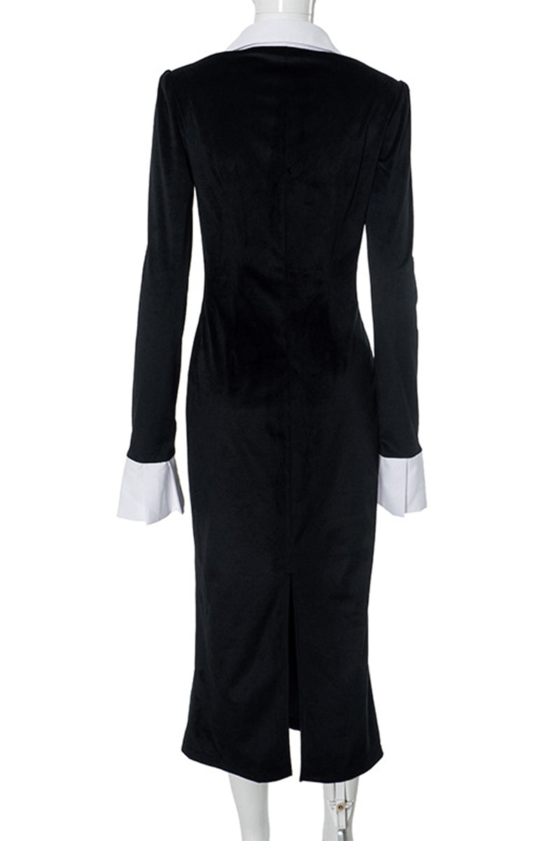 Zipper Contrast Turndown Collar One Step Skirt Dresses