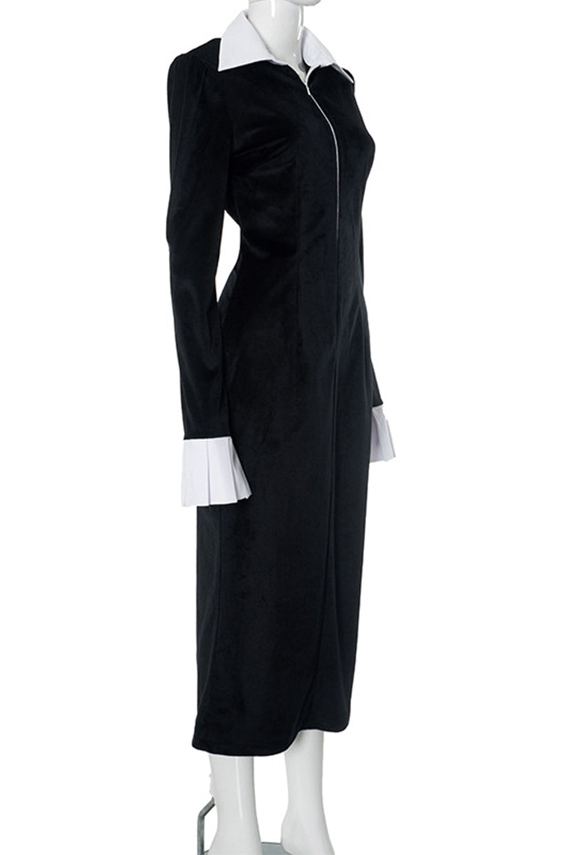Zipper Contrast Turndown Collar One Step Skirt Dresses