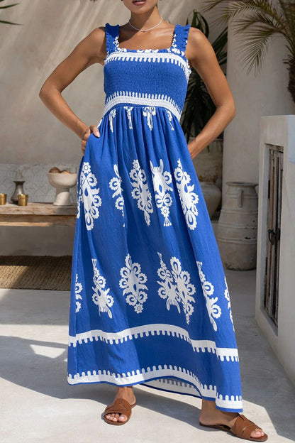 Vacation Geometric Print Pocket Stringy Selvedge Square Neck Long Dresses(3 Colors)