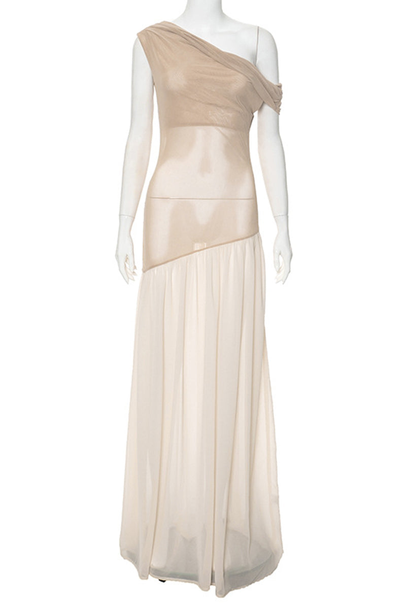 Patchwork See-through Irregular Oblique Collar Long Dresses