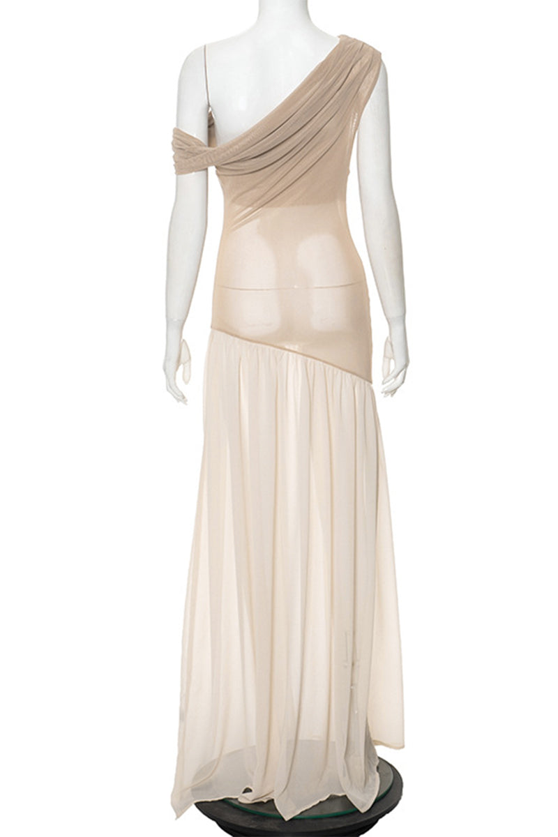 Patchwork See-through Irregular Oblique Collar Long Dresses
