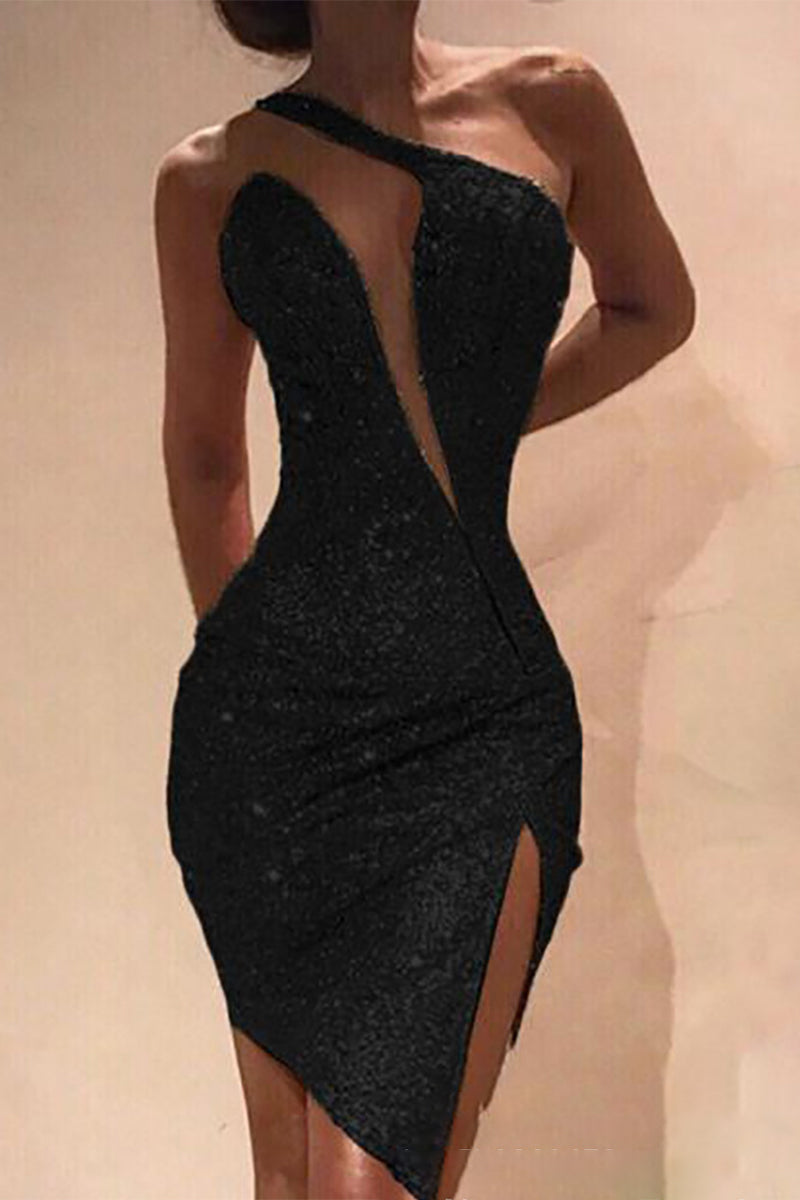 Party Slit Sequined Irregular One Shoulder Wrapped Skirt Dresses(3 Colors)