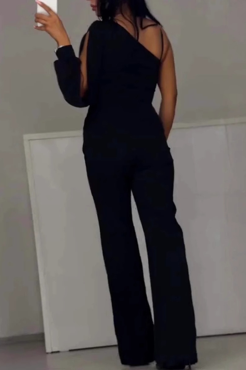 See-through Mesh Sloping Shoulder Regular Jumpsuits