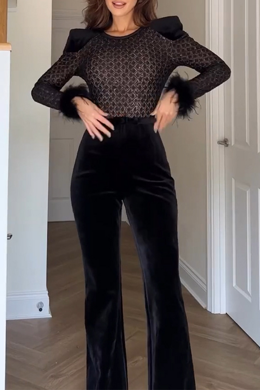 Patchwork See-through Velvet O Neck Regular Jumpsuits