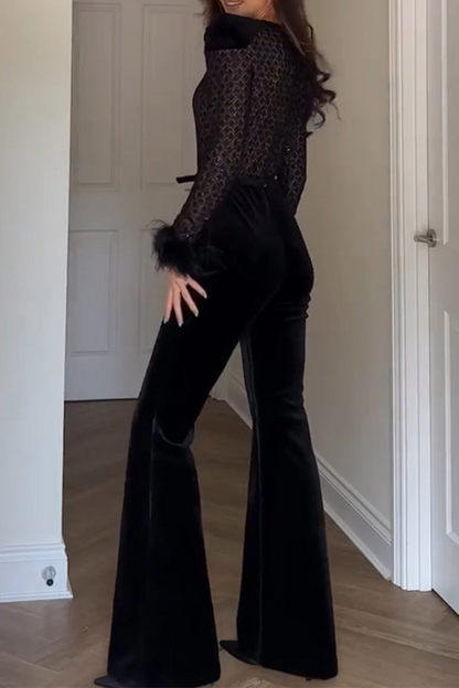 Patchwork See-through Velvet O Neck Regular Jumpsuits