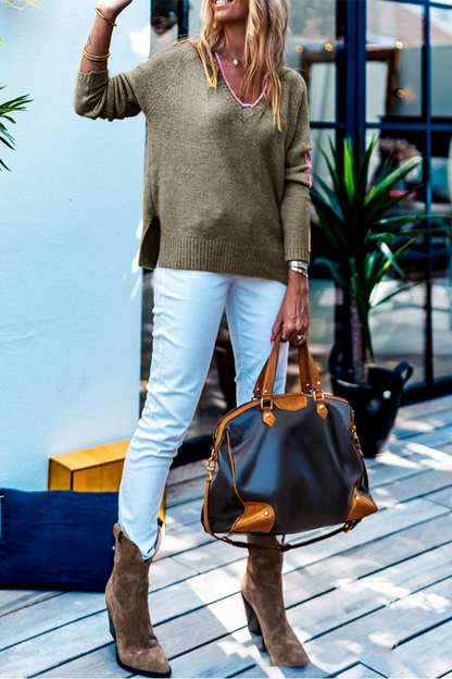 Street Stripe Patchwork Contrast V Neck Sweaters(3 Colors)