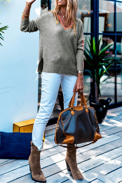 Street Stripe Patchwork Contrast V Neck Sweaters(3 Colors)