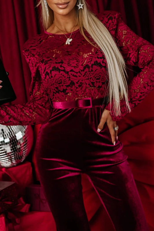 Lace Patchwork Backless Velvet O Neck Regular Jumpsuits(no Waist Belt)