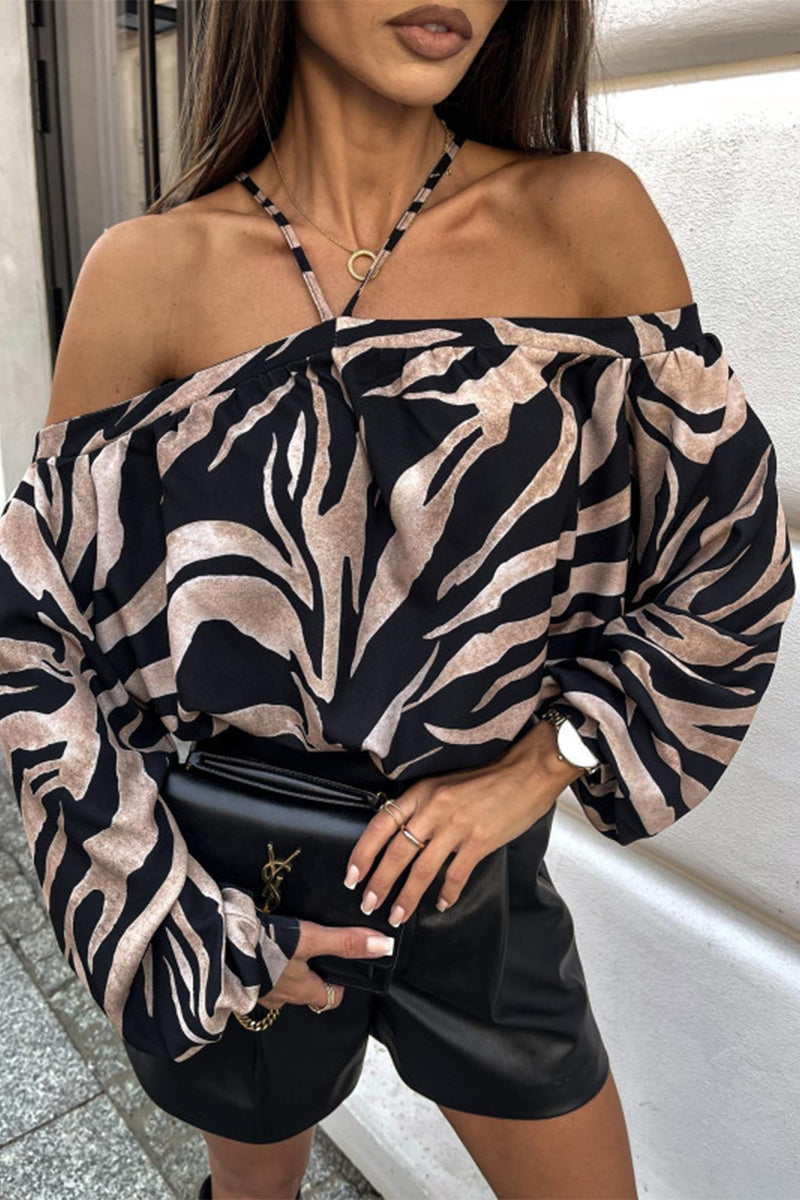 Zebra Print Leopard Lace Up Patchwork Halter Blouses