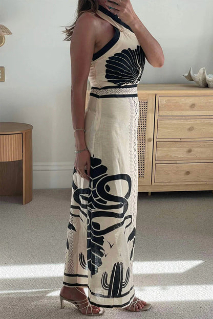 Vacation Print Contrast Halter One Step Skirt Dresses