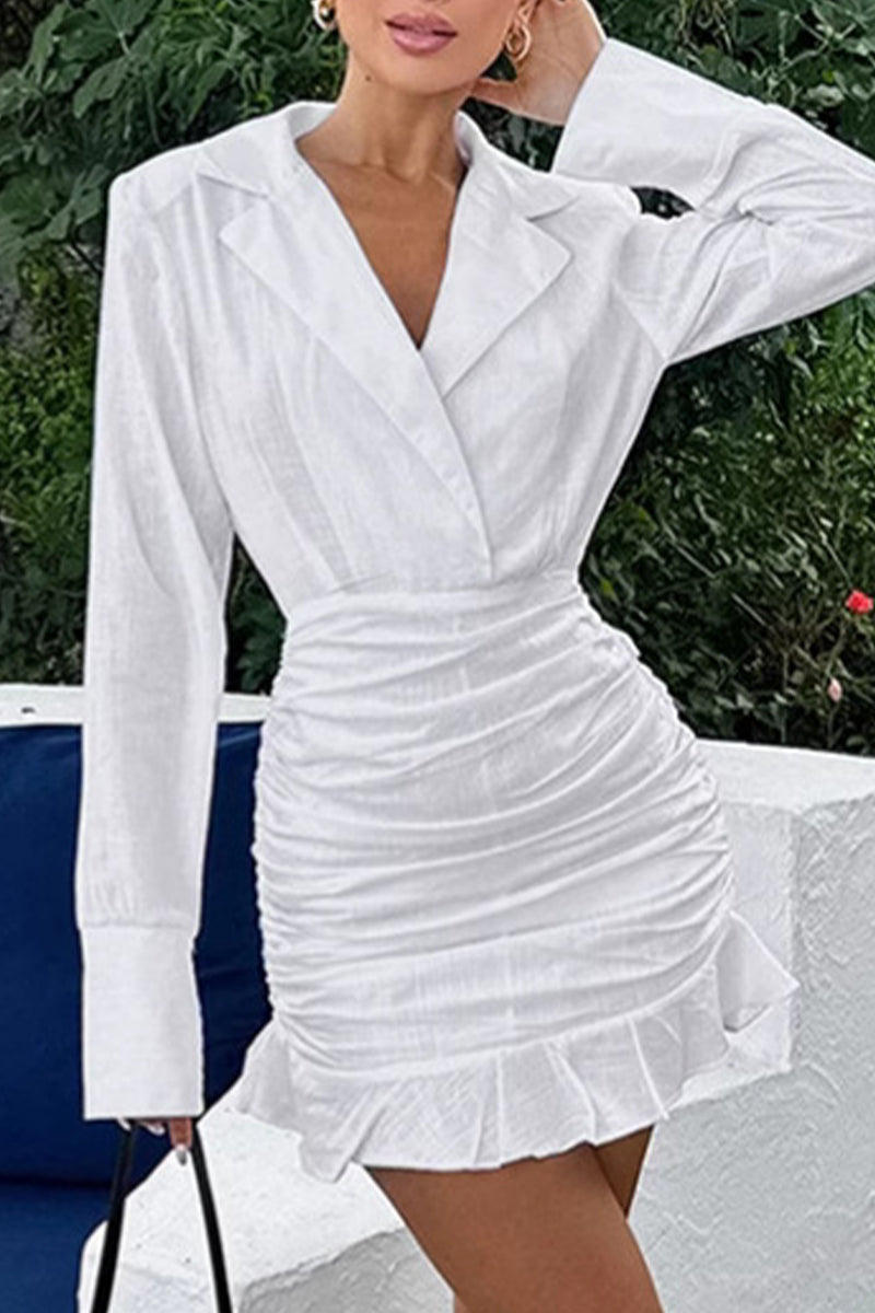 Ruffle Ruched Turn-back Collar Wrapped Skirt Dresses