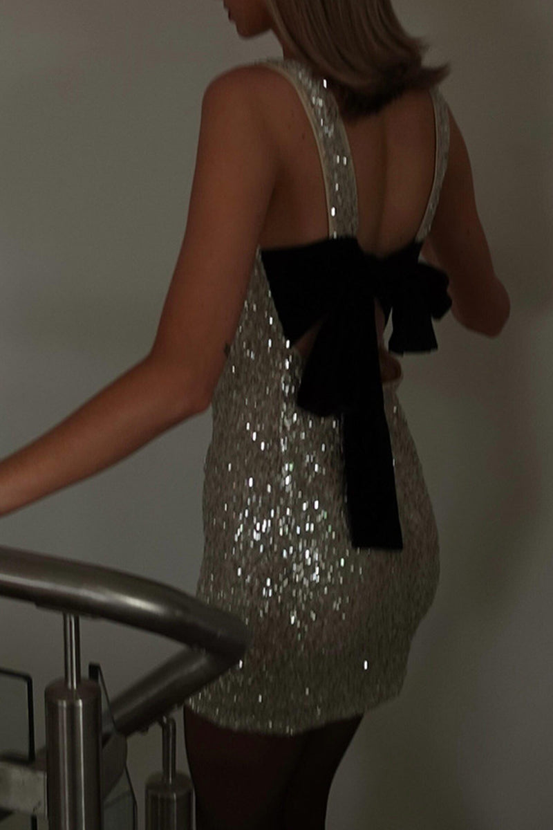 Sequins Lace Up Backless O Neck Wrapped Skirt Dresses(mainly in Kind)
