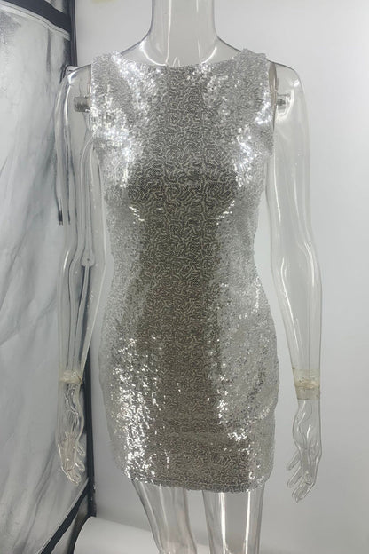 Sequins Lace Up Backless O Neck Wrapped Skirt Dresses(mainly in Kind)