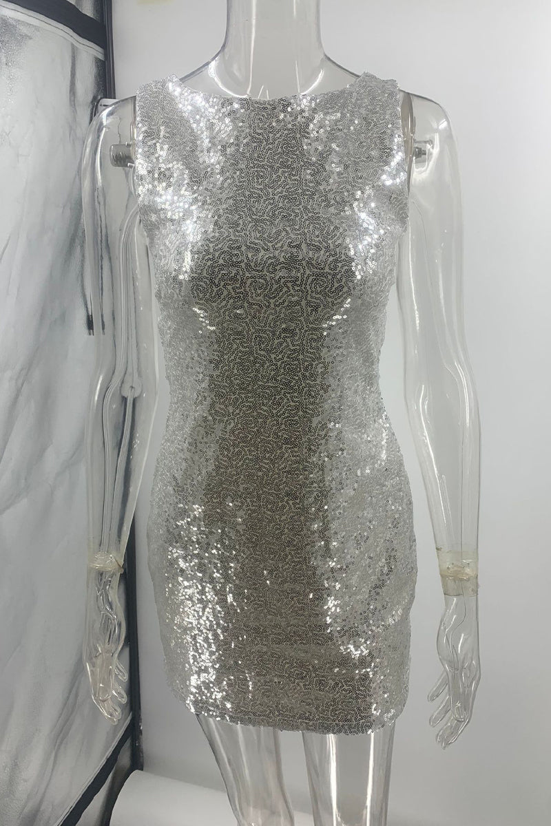 Sequins Lace Up Backless O Neck Wrapped Skirt Dresses(mainly in Kind)