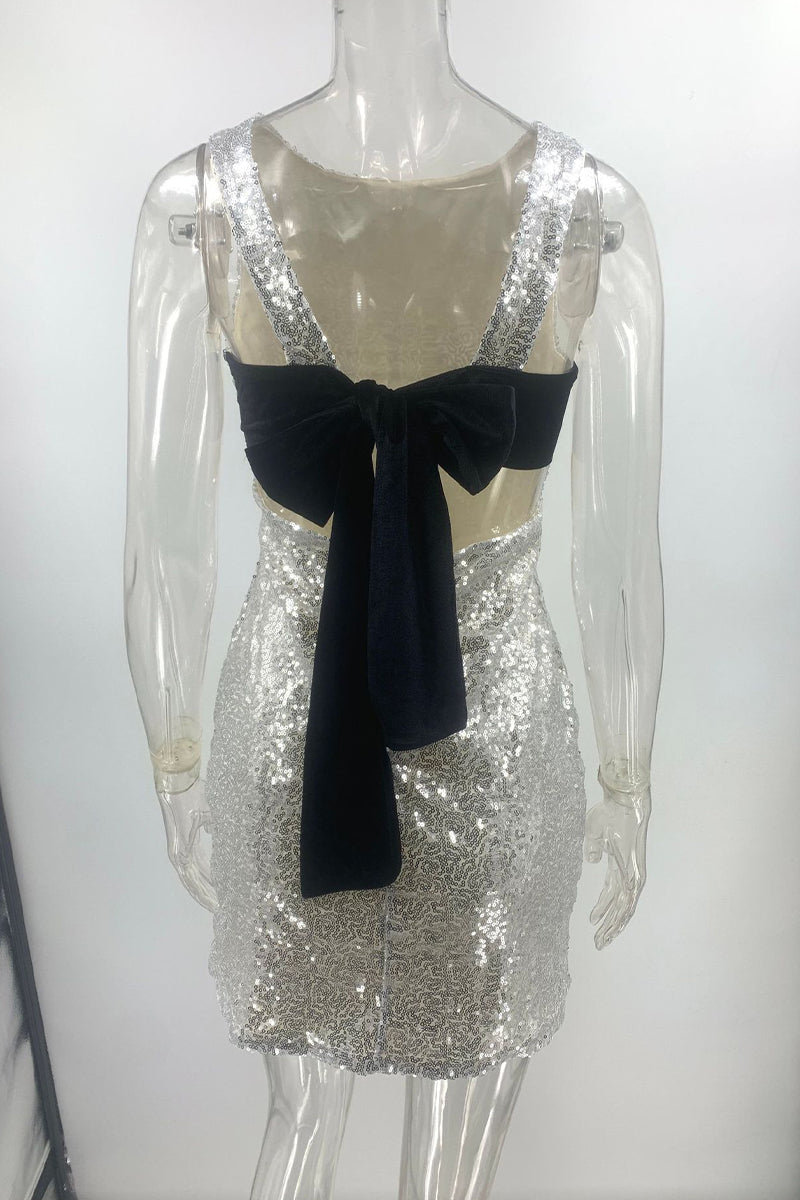 Sequins Lace Up Backless O Neck Wrapped Skirt Dresses(mainly in Kind)