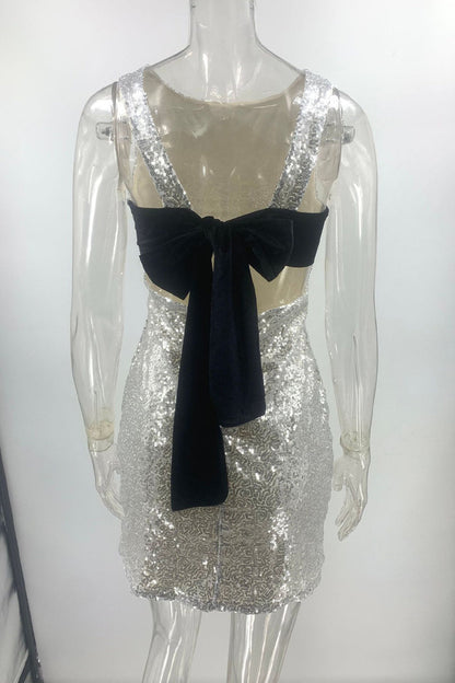 Sequins Lace Up Backless O Neck Wrapped Skirt Dresses(mainly in Kind)