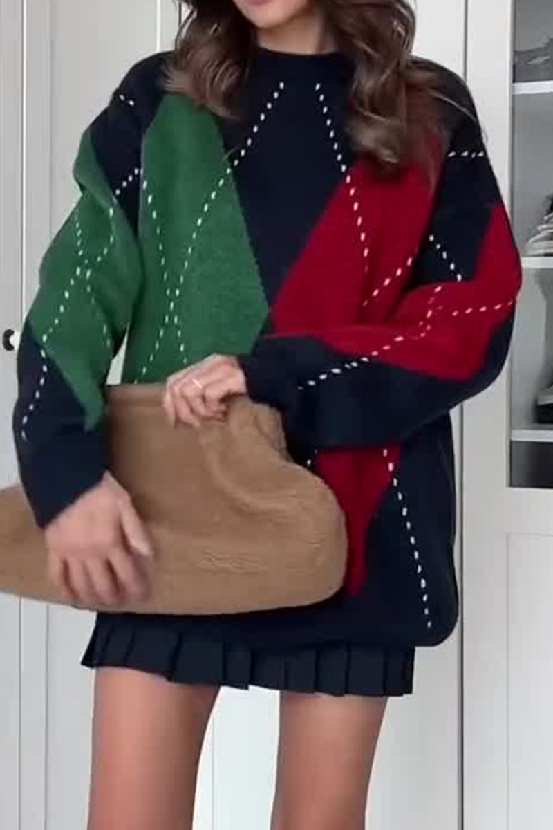 Street Rhombus Patchwork Contrast O Neck Sweaters(4 Colors)
