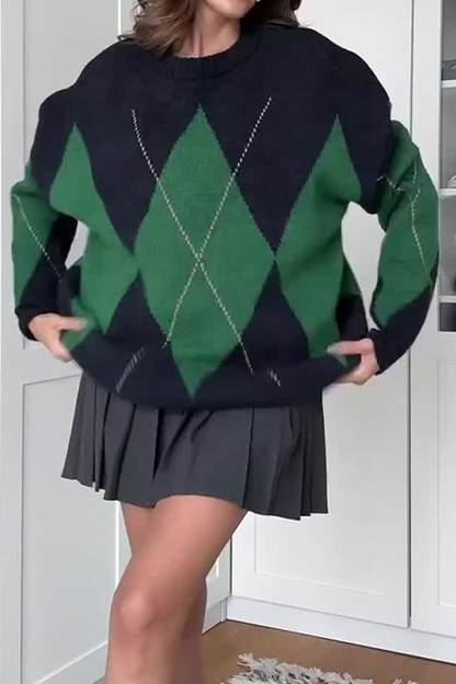 Street Rhombus Patchwork Contrast O Neck Sweaters(4 Colors)