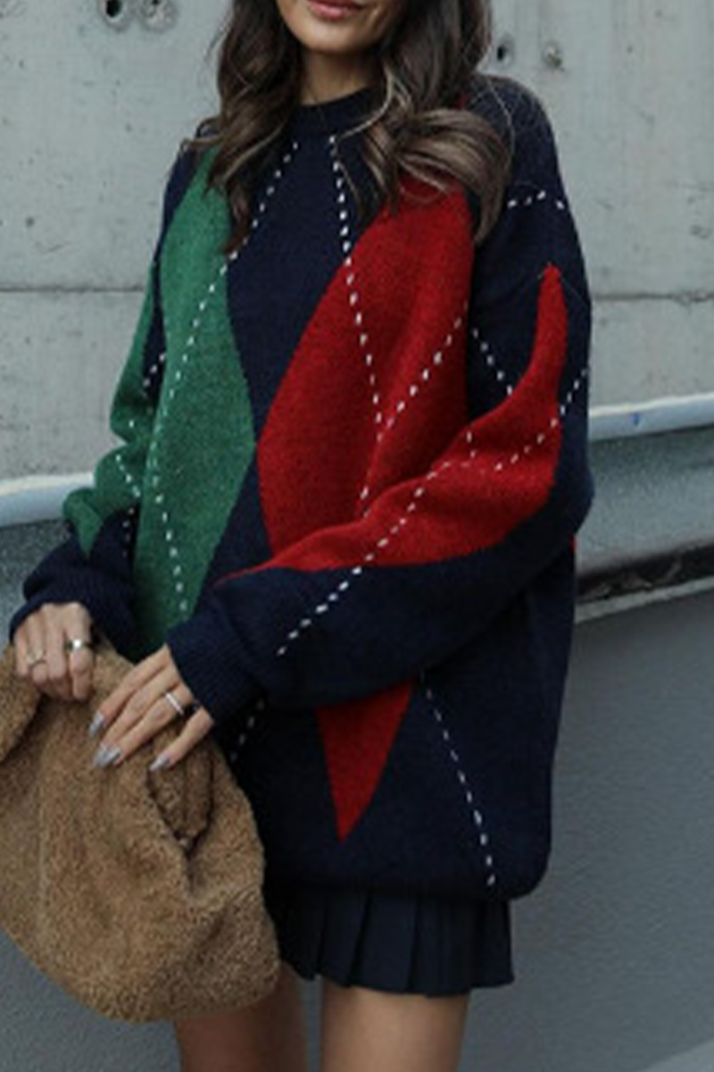 Street Rhombus Patchwork Contrast O Neck Sweaters(4 Colors)