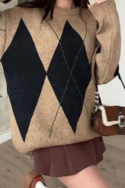 Street Rhombus Patchwork Contrast O Neck Sweaters(4 Colors)