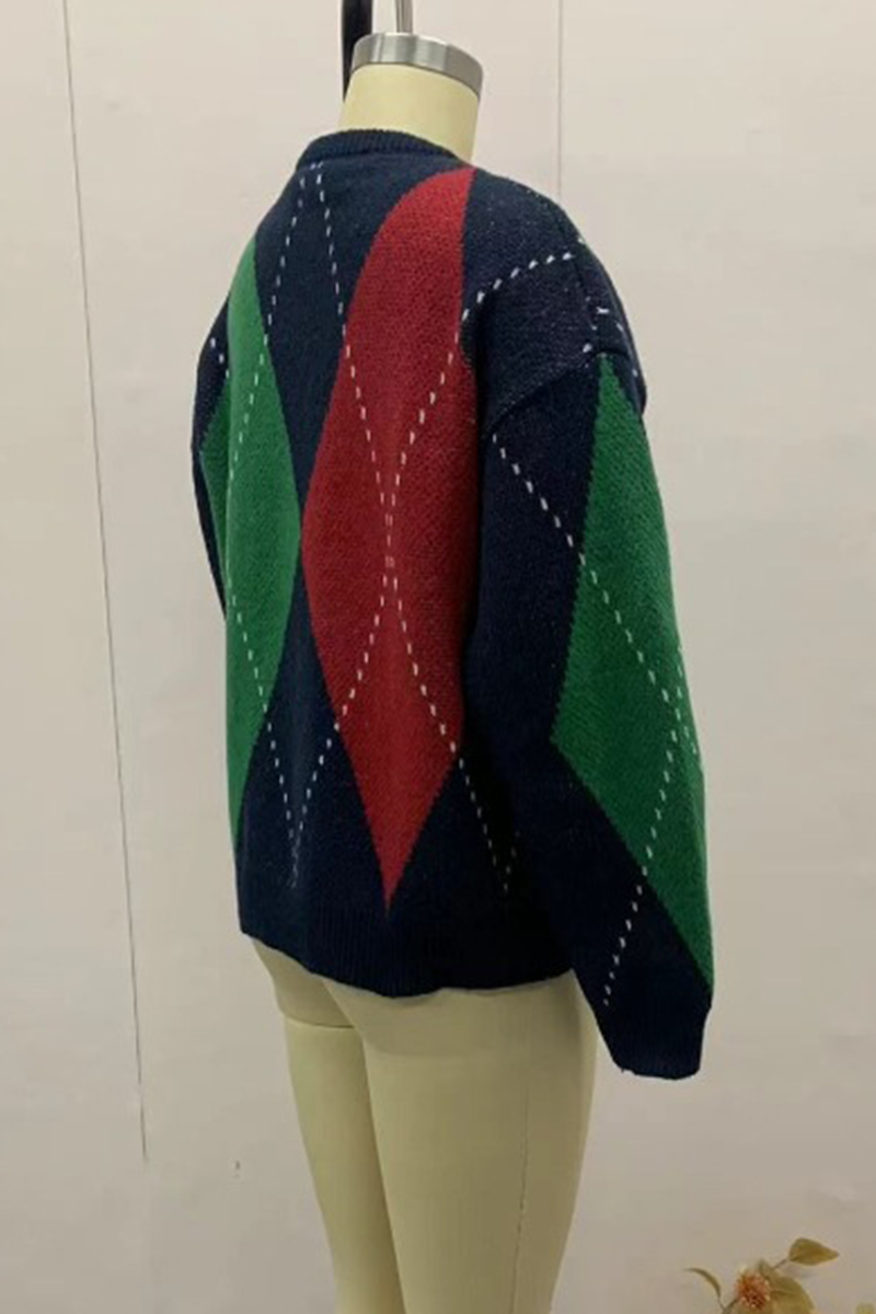 Street Rhombus Patchwork Contrast O Neck Sweaters(4 Colors)