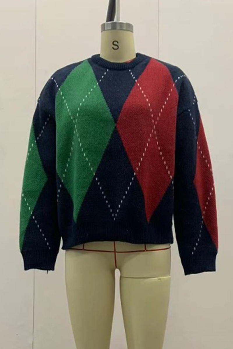Street Rhombus Patchwork Contrast O Neck Sweaters(4 Colors)