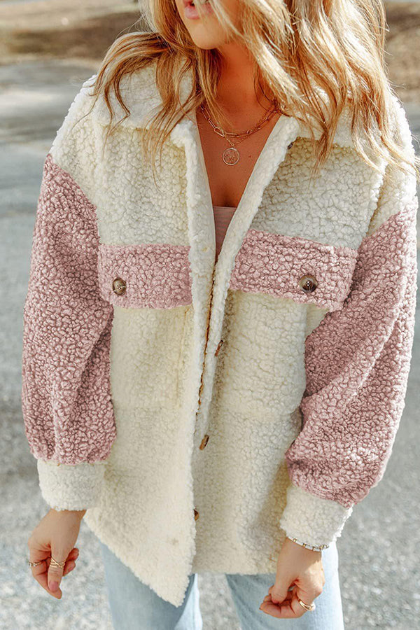 Autumn and Winter Long-sleeved Double-pocket Color-block Loose Fur Coat