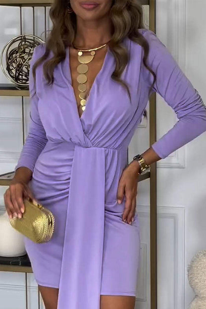 Ruched V Neck Wrapped Skirt Dresses(3 Colors)
