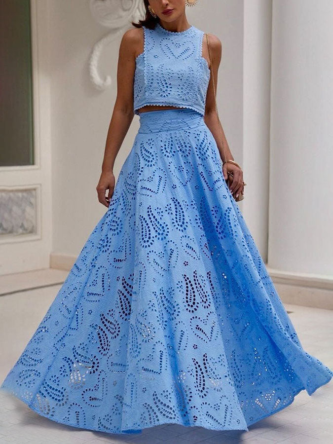 Exquisite Embroidered Hollow Lace Long A-line Skirt