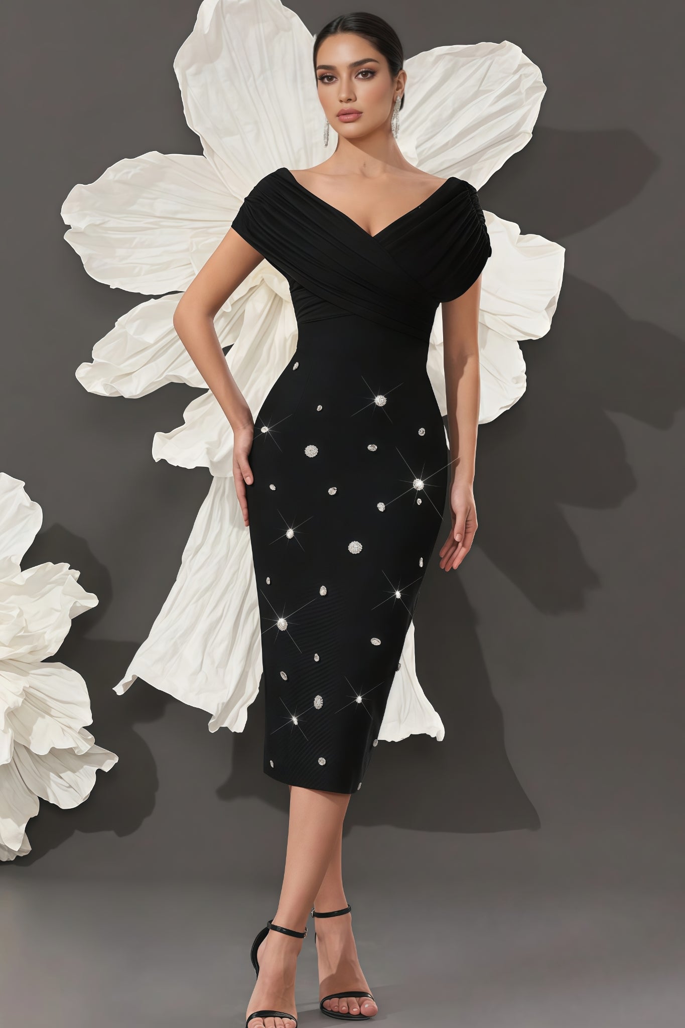 Marisad Strapless Mesh Studded Midi Dress