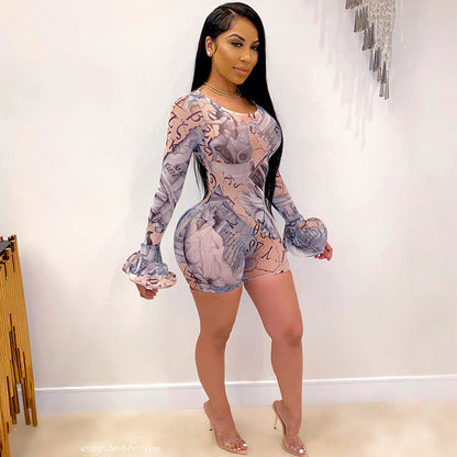 Popular Clothing Mesh See Through Short Bell Sleeve Romper