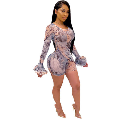 Popular Clothing Mesh See Through Short Bell Sleeve Romper