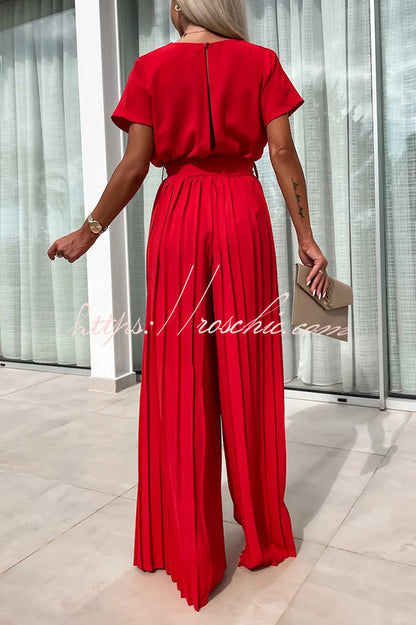 Ivy Cowl Neck Short Sleeve Belt Pleated Loose Wide Leg Jumpsuit