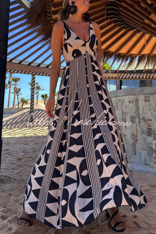 Sabine Geometric Print V-neck Back Smocked A-line Maxi Dress