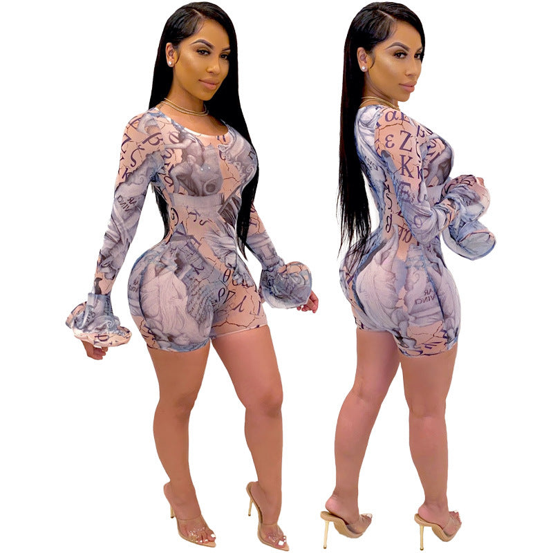 Popular Clothing Mesh See Through Short Bell Sleeve Romper