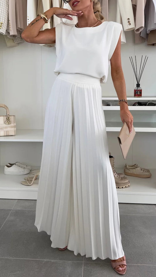 Round Neck Sleeveless Top + Pleated Wide-leg Pants Suit