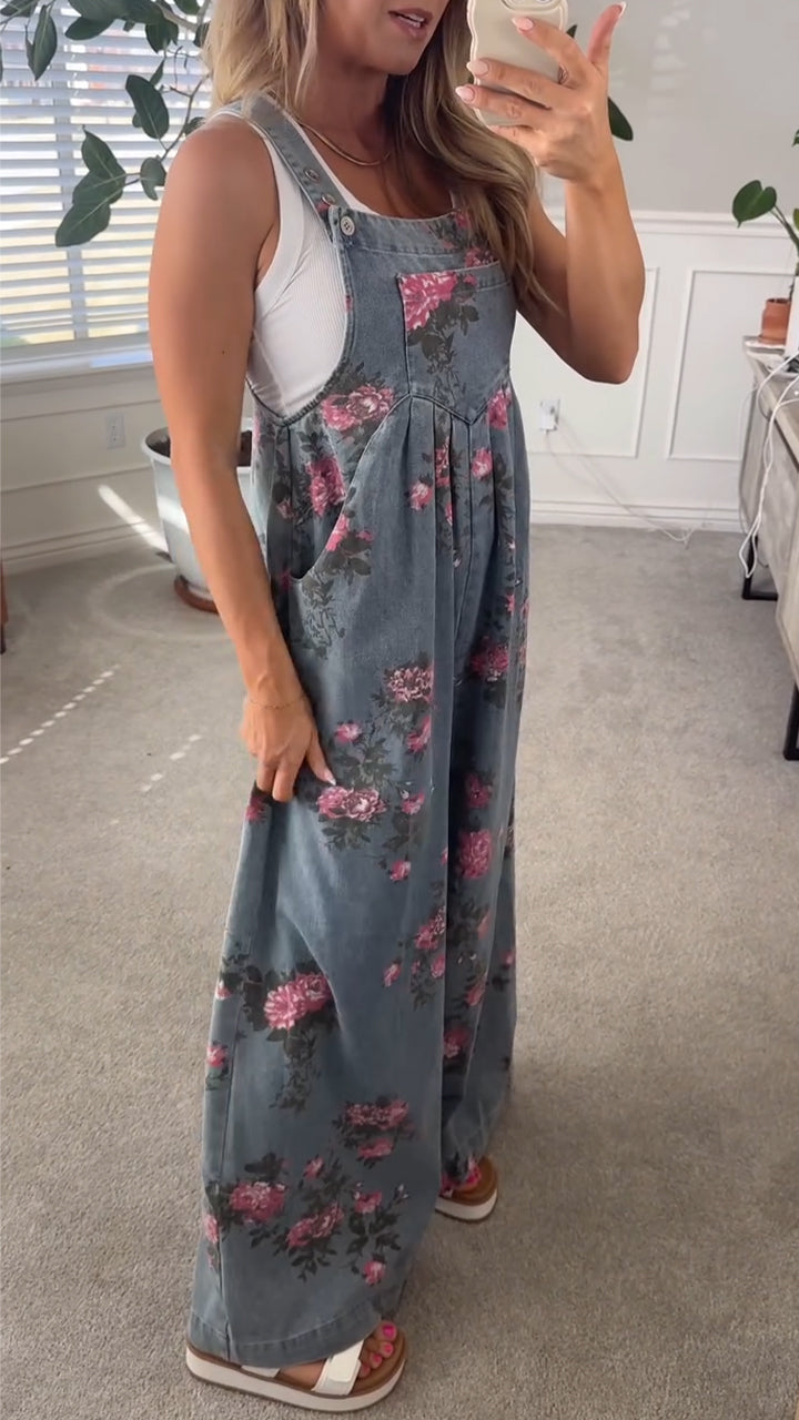 Printed Pocket Denim Overalls