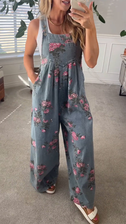 Printed Pocket Denim Overalls