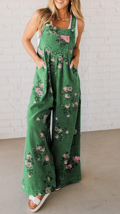 Printed Pocket Denim Overalls