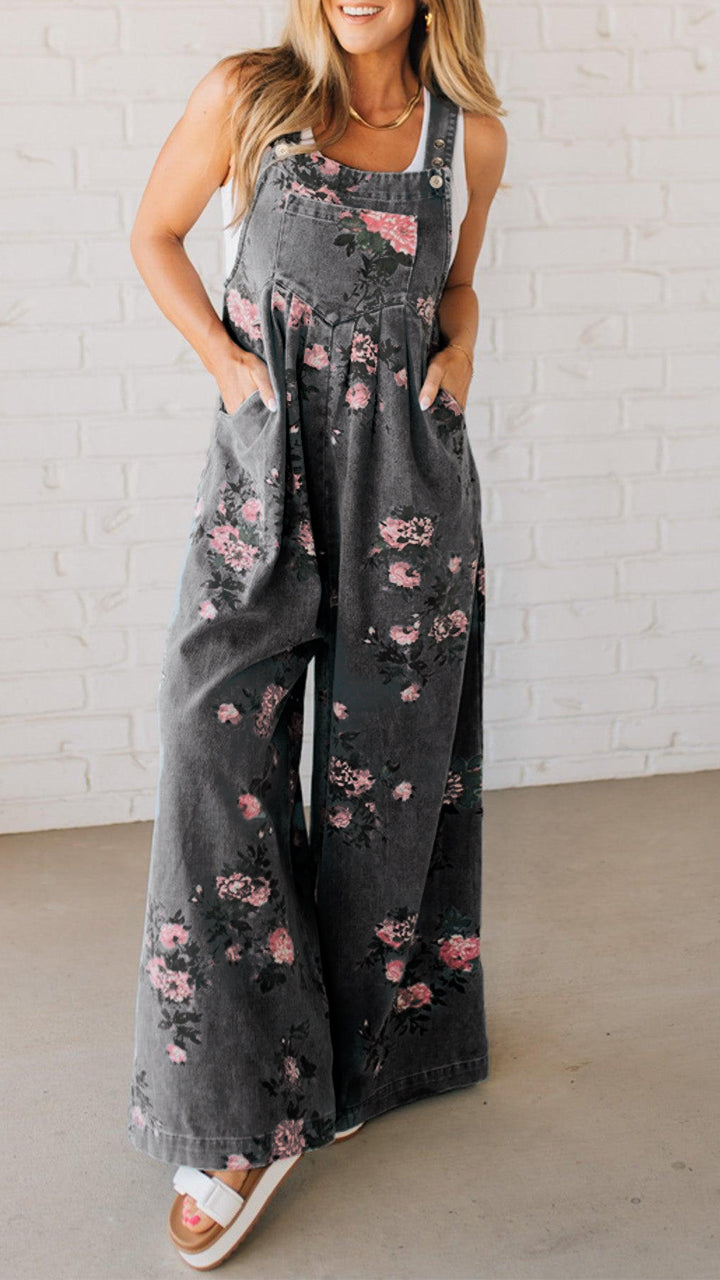 Printed Pocket Denim Overalls