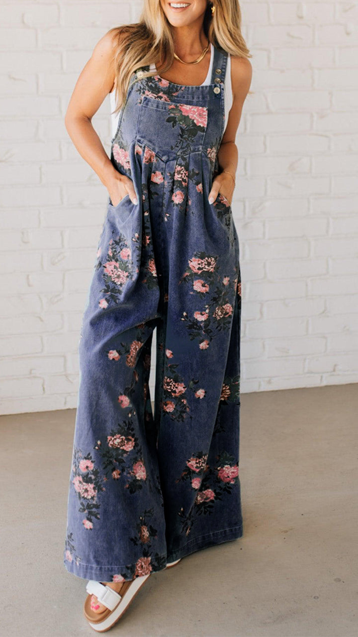 Printed Pocket Denim Overalls