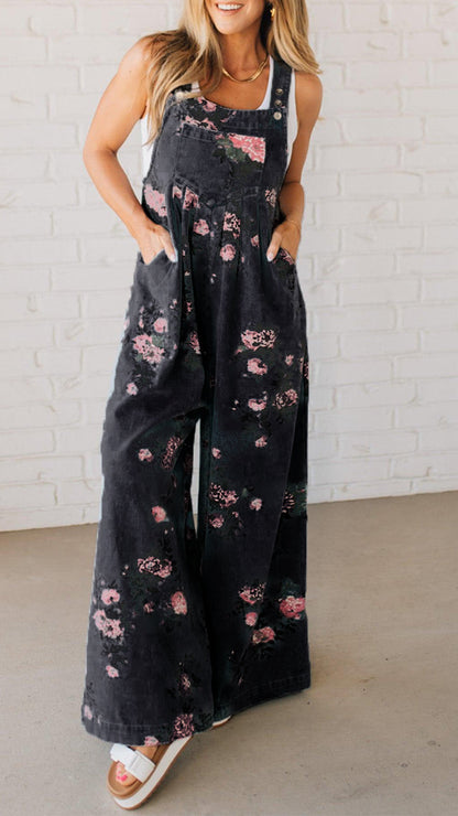 Printed Pocket Denim Overalls