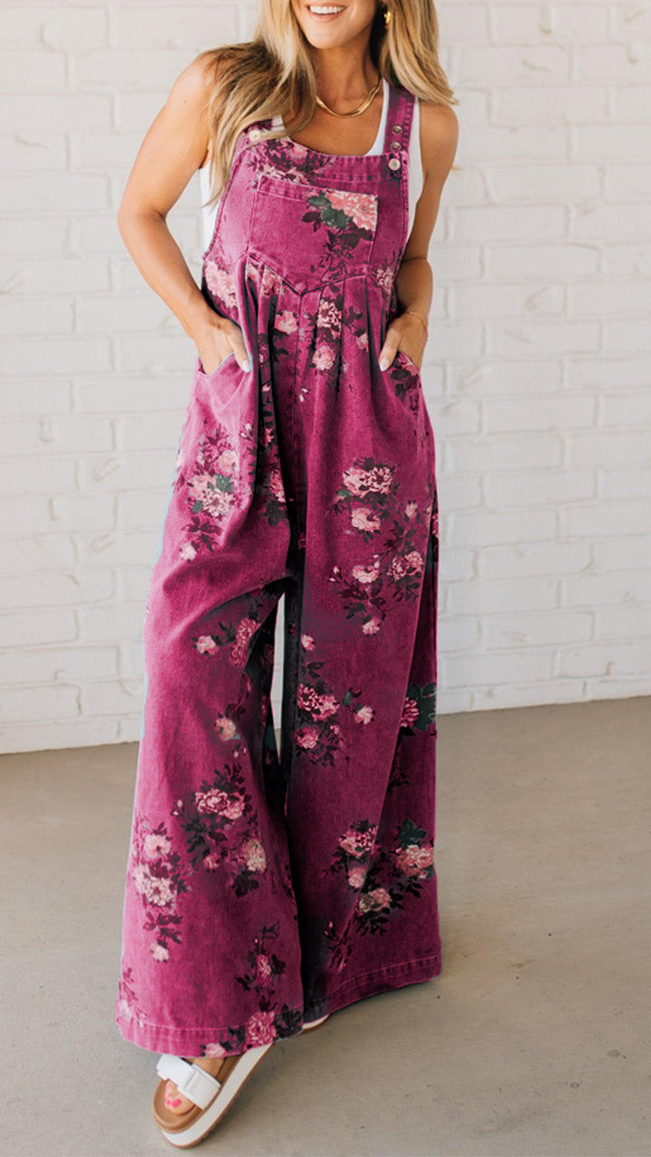 Printed Pocket Denim Overalls