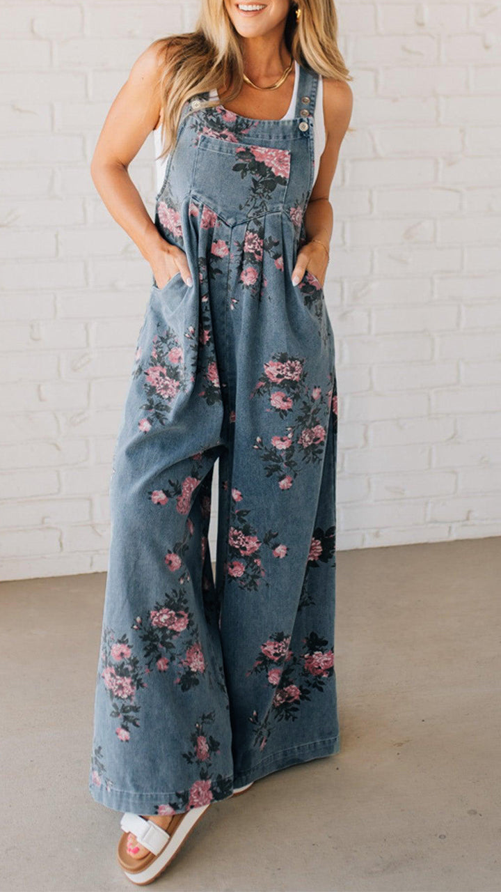 Printed Pocket Denim Overalls