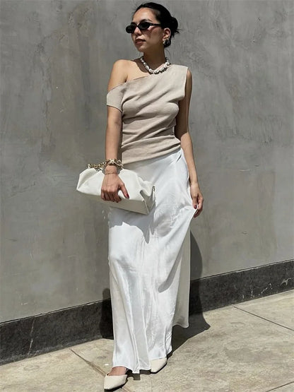 Off-shoulder T-shirt Summer Ribbed Sleeveless Clothes Female High Waist Tee Top