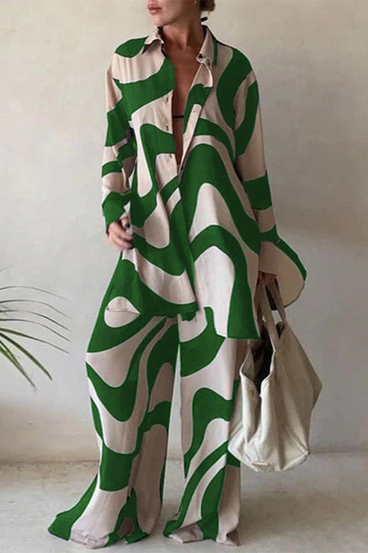 ' Lapel Printed Top+pants Loose Suit